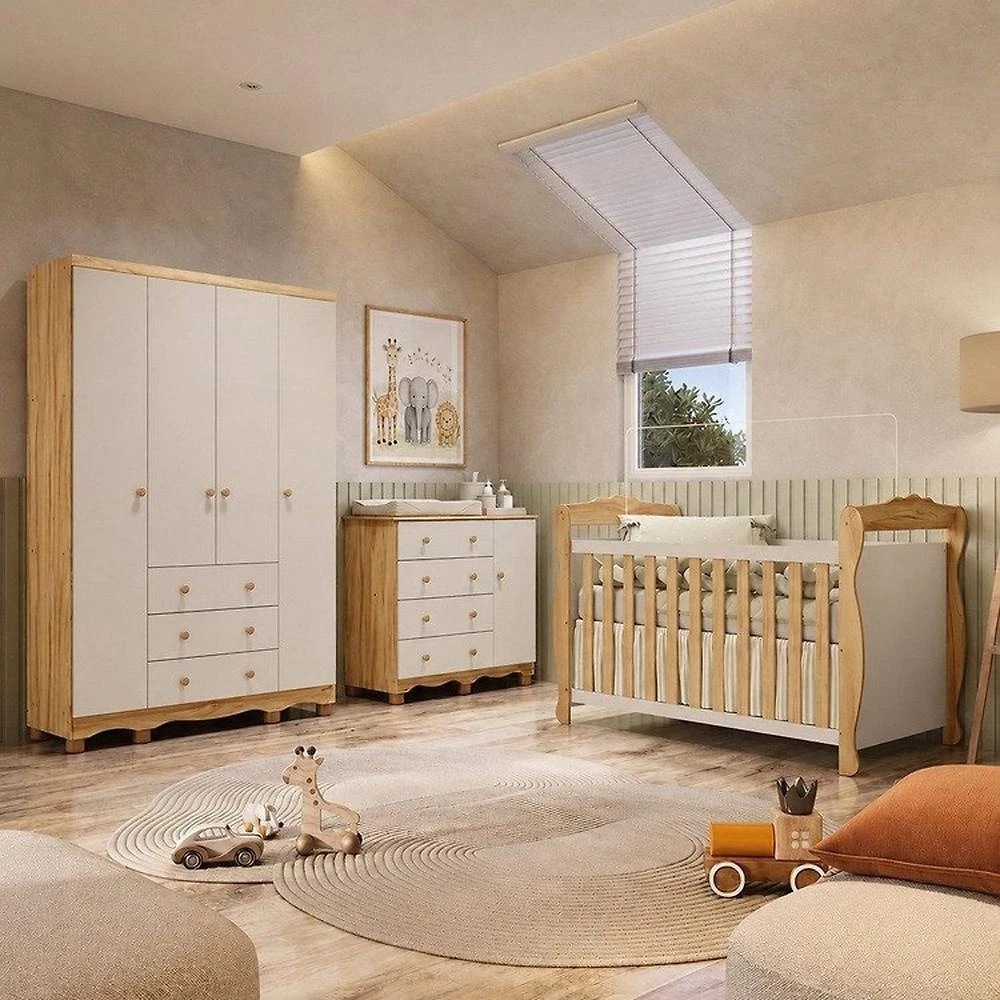 Quarto de Bebê Completo Berço 3 em 1, Cômoda e Guarda Roupa MDF Nina Espresso Móveis Branco/Amê Off White/Amêndoa