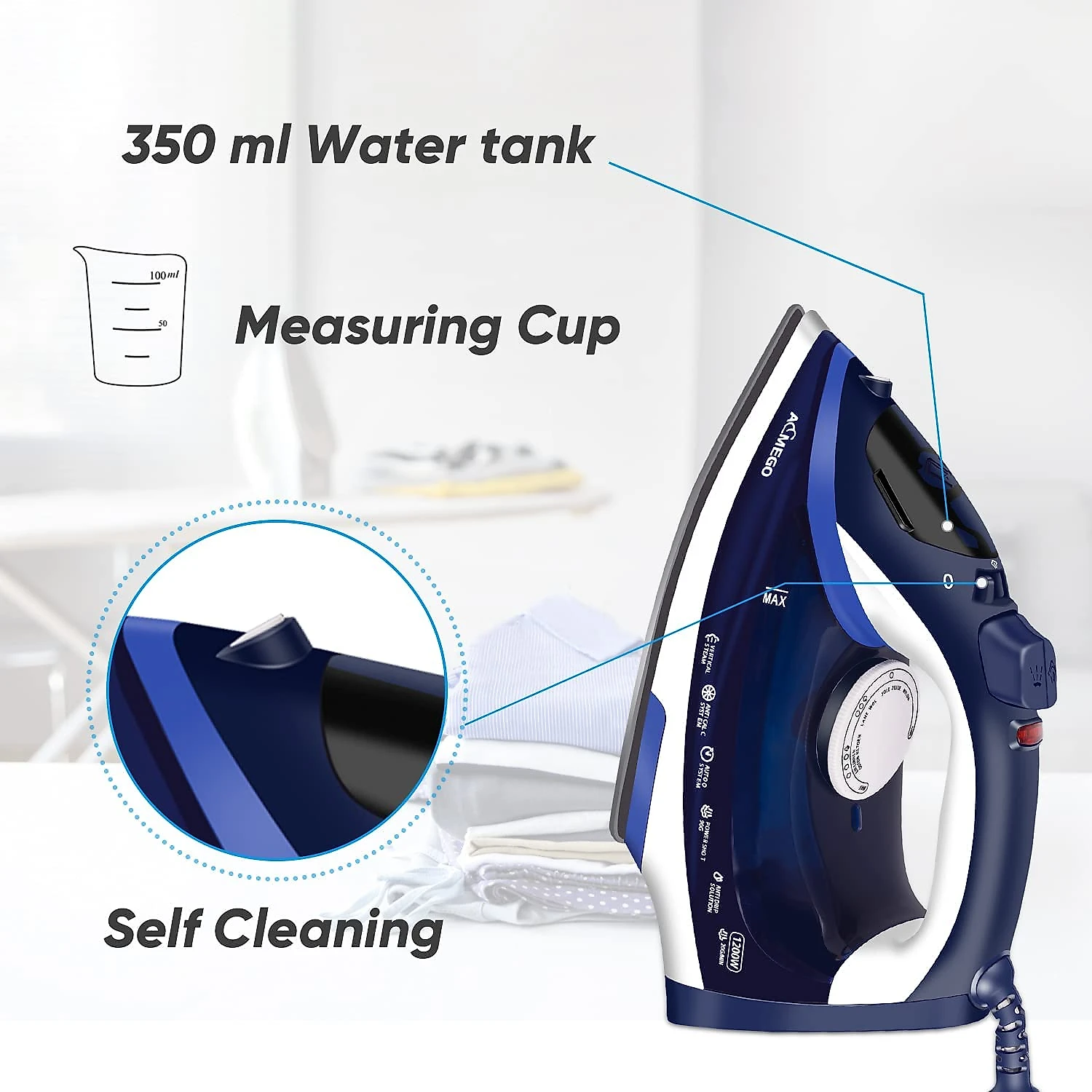 AEMEGO Ferro de Passar á Vapor com Base em Cerâmica A ntiaderrente e Função Auto Limpeza 110V1200W Azul