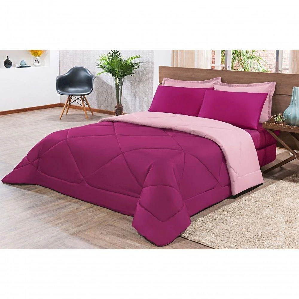 Kit Edredom + Jogo De Lençol Aconchego Look House Casal Padrão 6 Peças 80% Algodão , 20% Poliéster- Pink E Rosa