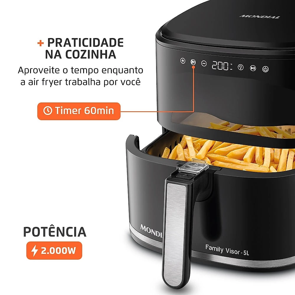 Fritadeira Sem Óleo Air Fryer Digital 5L, Mondial, Preto/Inox, 2000W - AF-50-DV AIR FRYER AF-50-DV 127V/60Hz