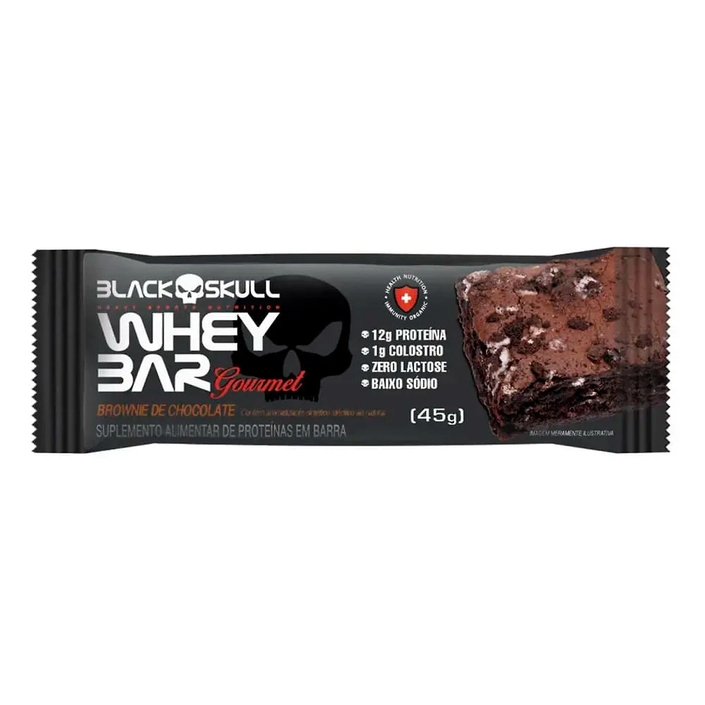 Barra de Proteína Black Skull Whey Bar Gourmet Sabor Brownie de Chocolate com 12g de Proteína 45g
