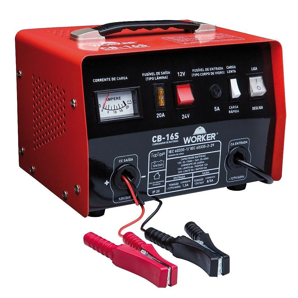 Carregador de bateria 60/150ah 12/24v 127v proteção worker cb16s