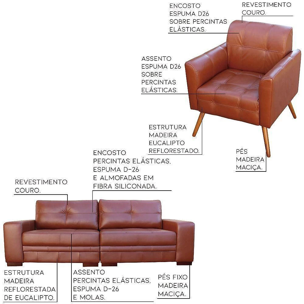 Conjunto de Sofá Bia-Milano G58 4 Lugares 280cm Couro Caramelo Gran Belo