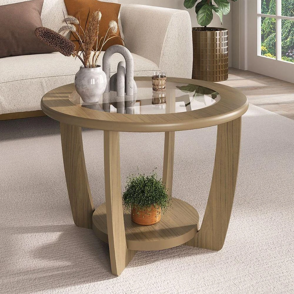 Mesa de Centro Curve Quadrada Vidro Temperado Estrutura em MDF Carvalho Artely
