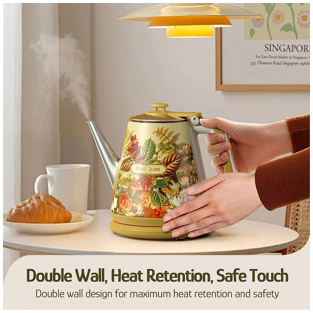 Chaleira elétrica retrô Hazel Quinn floral 1L inox parede dupla bico pescoço de ganso 800W 110V