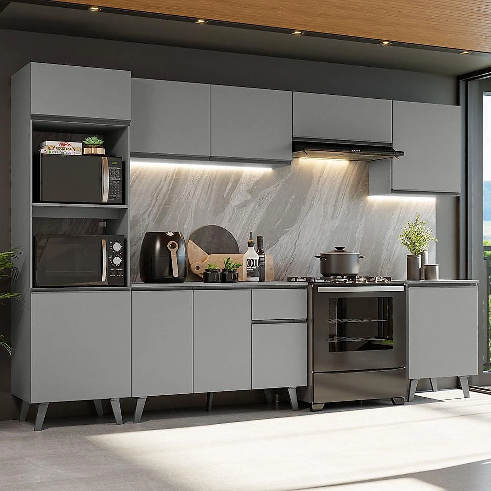 Armário de cozinha completa 320cm cinza nice madesa 01
