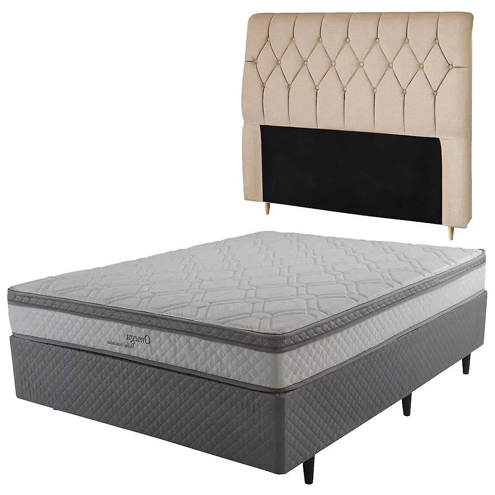 Cama box casal herval Ômega com pillow top, molas ensacadas 22x138x188cm – cinza/branco + cabeceira dobue palladium com 140cm de largura