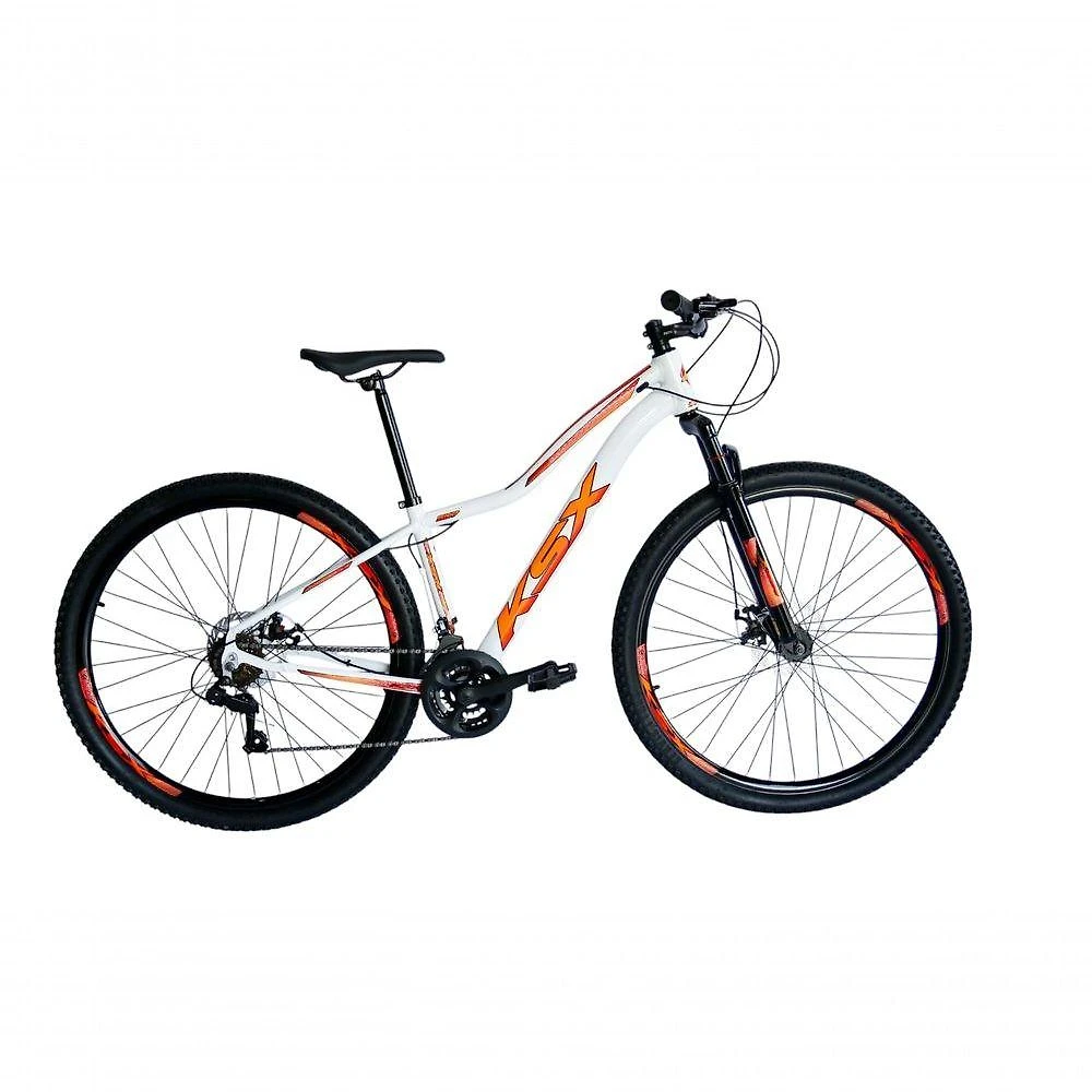 Bicicleta Aro 29 Ksx Sd7 Feminina 21v Cabos Internos Alumínio Freios A Disco Garfo Suspensão Branco Laranja Tamanho 15
