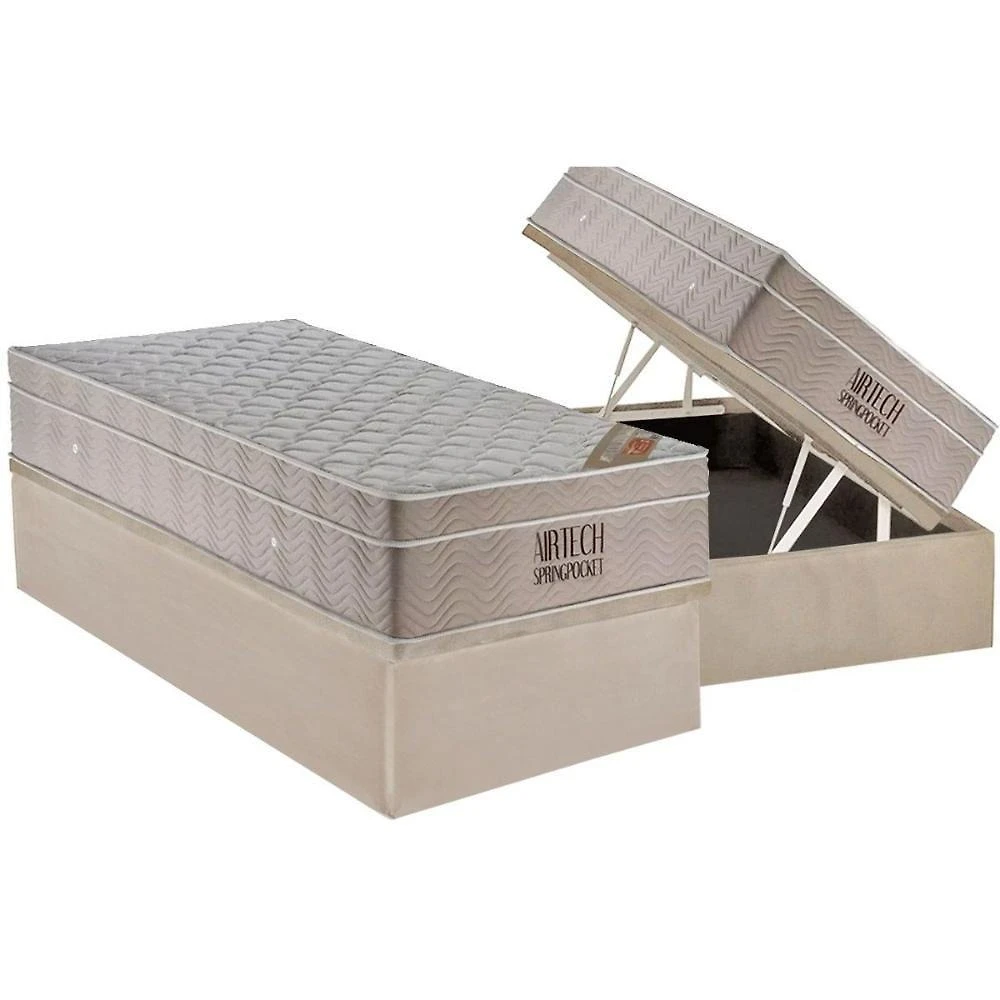 Cama Box Baú Solteiro: Colchão Molas Masterpocket Ensacadas Ortobom Ortobom Fort Airtech + Base Crc Suede Clean (88x188)