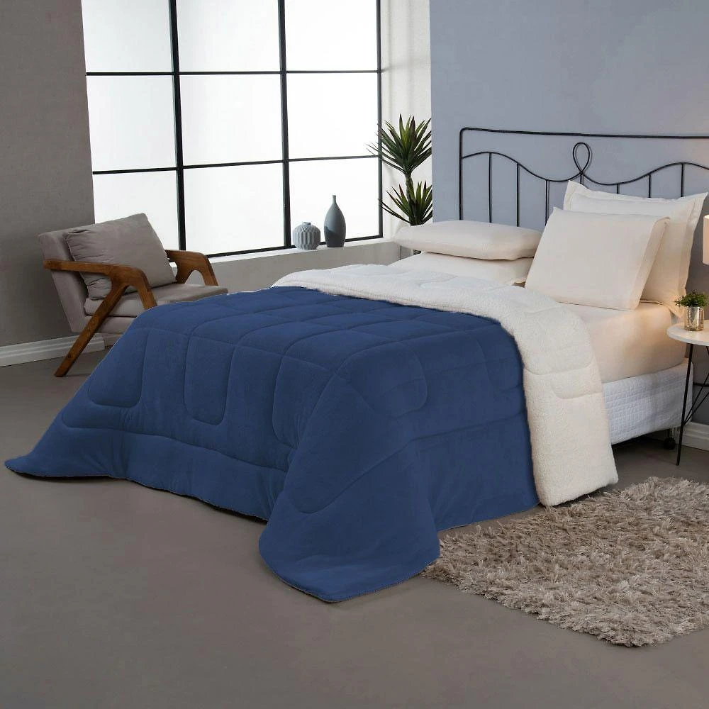 Coberdrom Daily Queen Manta Soft Sherpa Carneiro Dupla Face Azul Marinho Clara Luz Decora