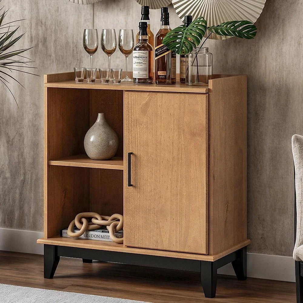 Balcão Aparador Bar Z25 1 Porta 2 Prateleiras Madeira Maciça 80CM Marrom