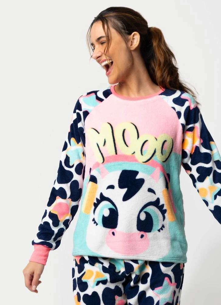 Pijama manga longa soft feminino vaca moosic