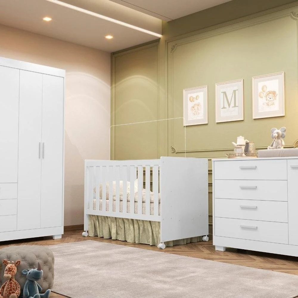 Quarto Completo Zaki com Berço 3 em 1 Katatau Branco Fosco