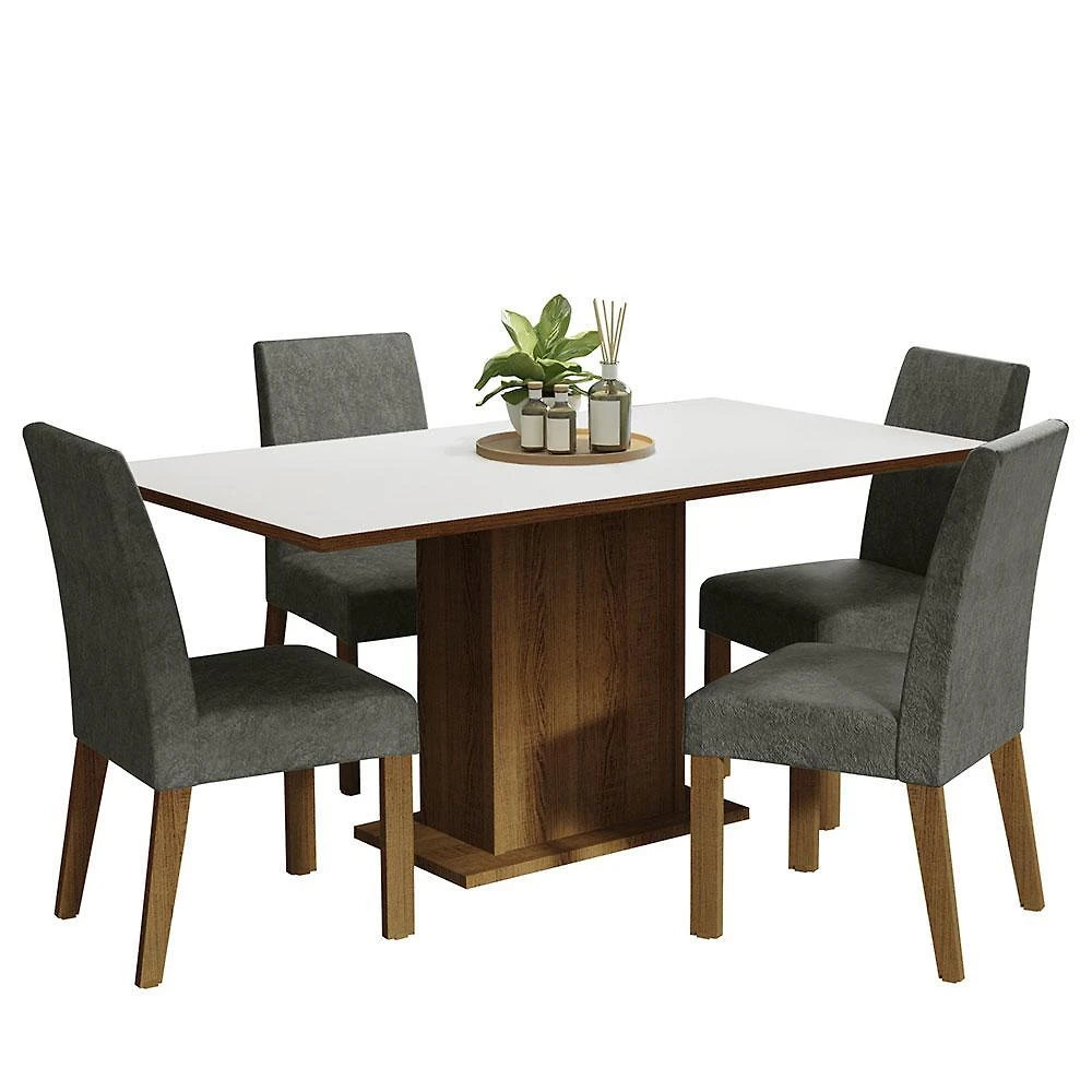Conjunto sala de jantar mesa tampo de madeira 4 cadeiras rustic/branco/silver keila madesa