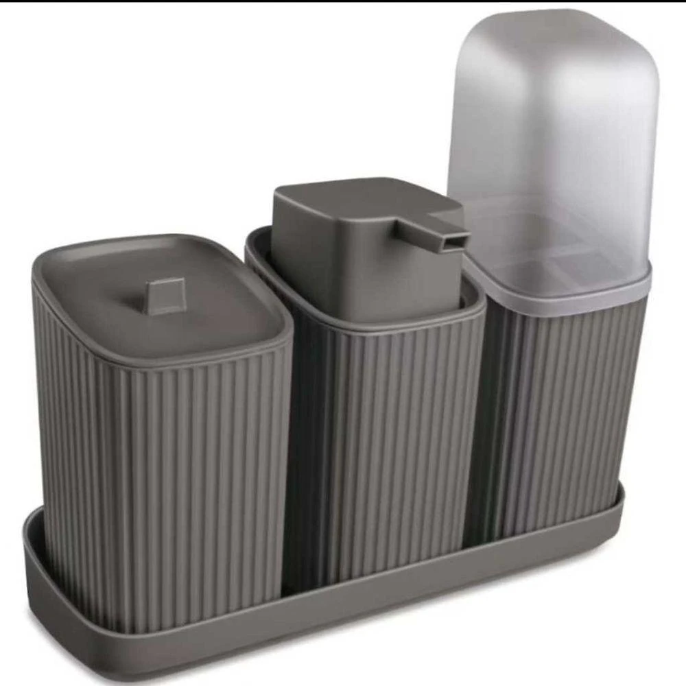 Kit Banheiro 3 Peças com Bandeja Dispenser 400ML Porta Algodão e Escovas OEM
