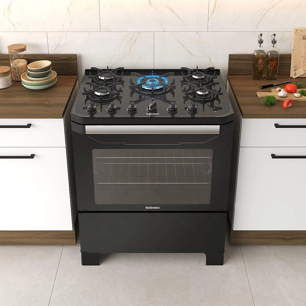 Fogao itatiaia itamaster 5 bocas preto tripla chama mesa de vidro bivolt (3700000331)