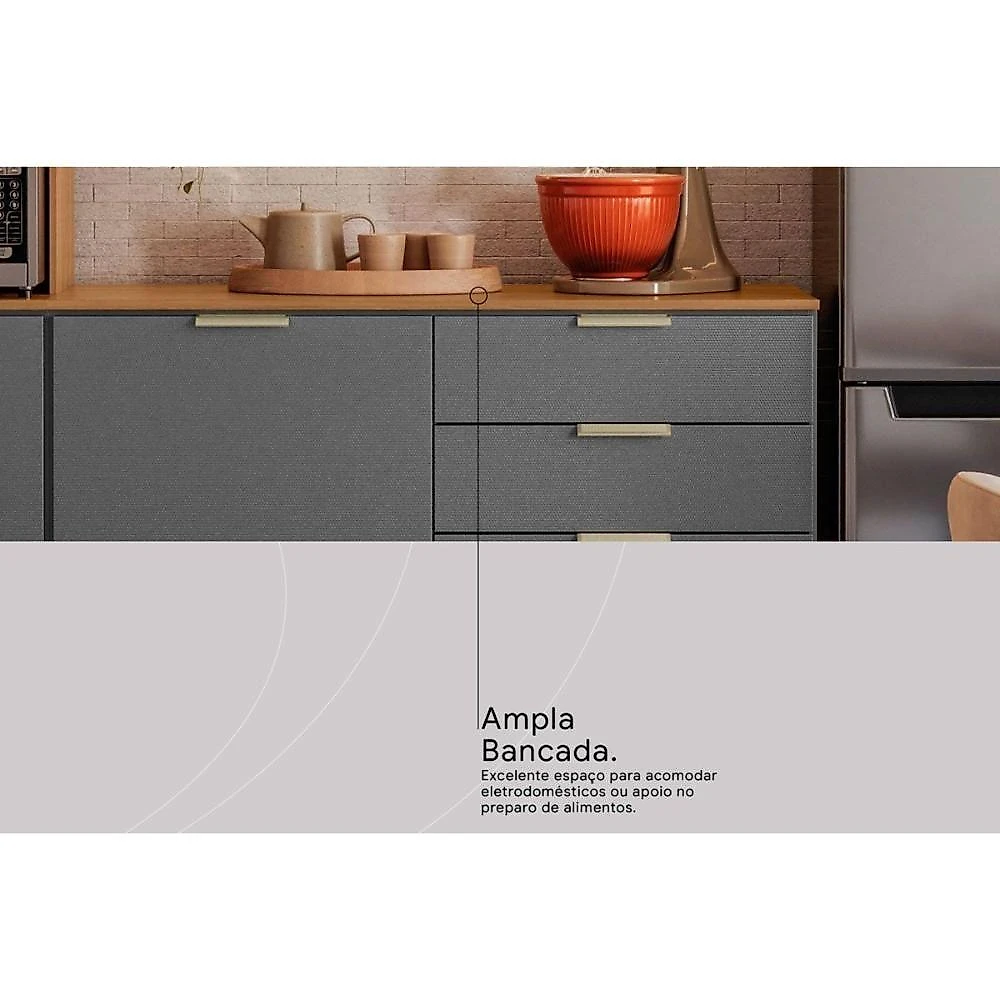 Cozinha Compacta Alba 2 Gavetas MDP 249.5CM Amêndoa Grafite Demóbile
