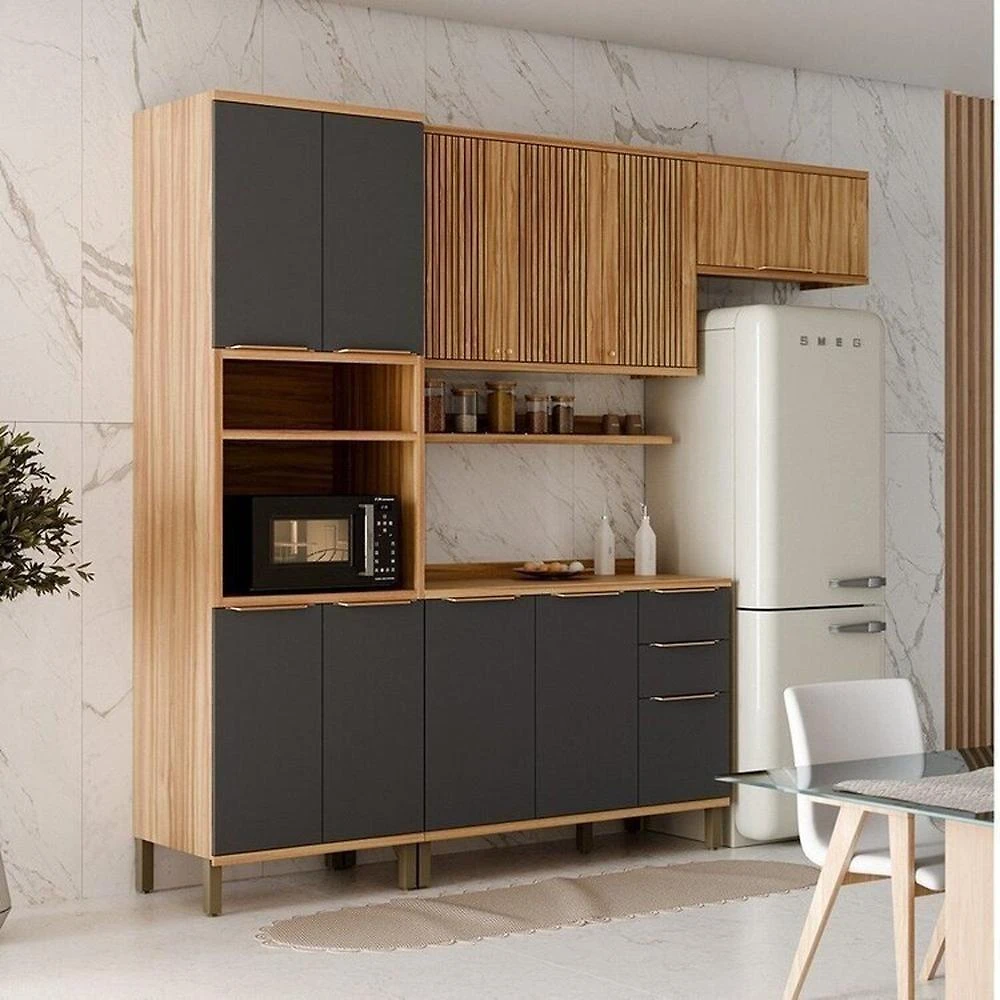Miniatura Cozinha Modulada Compacta 270cm 4 Peças 10 Portas com Tampo 100% MDF Noruega Fresada Espresso Móveis Amêndoa/Chumbo