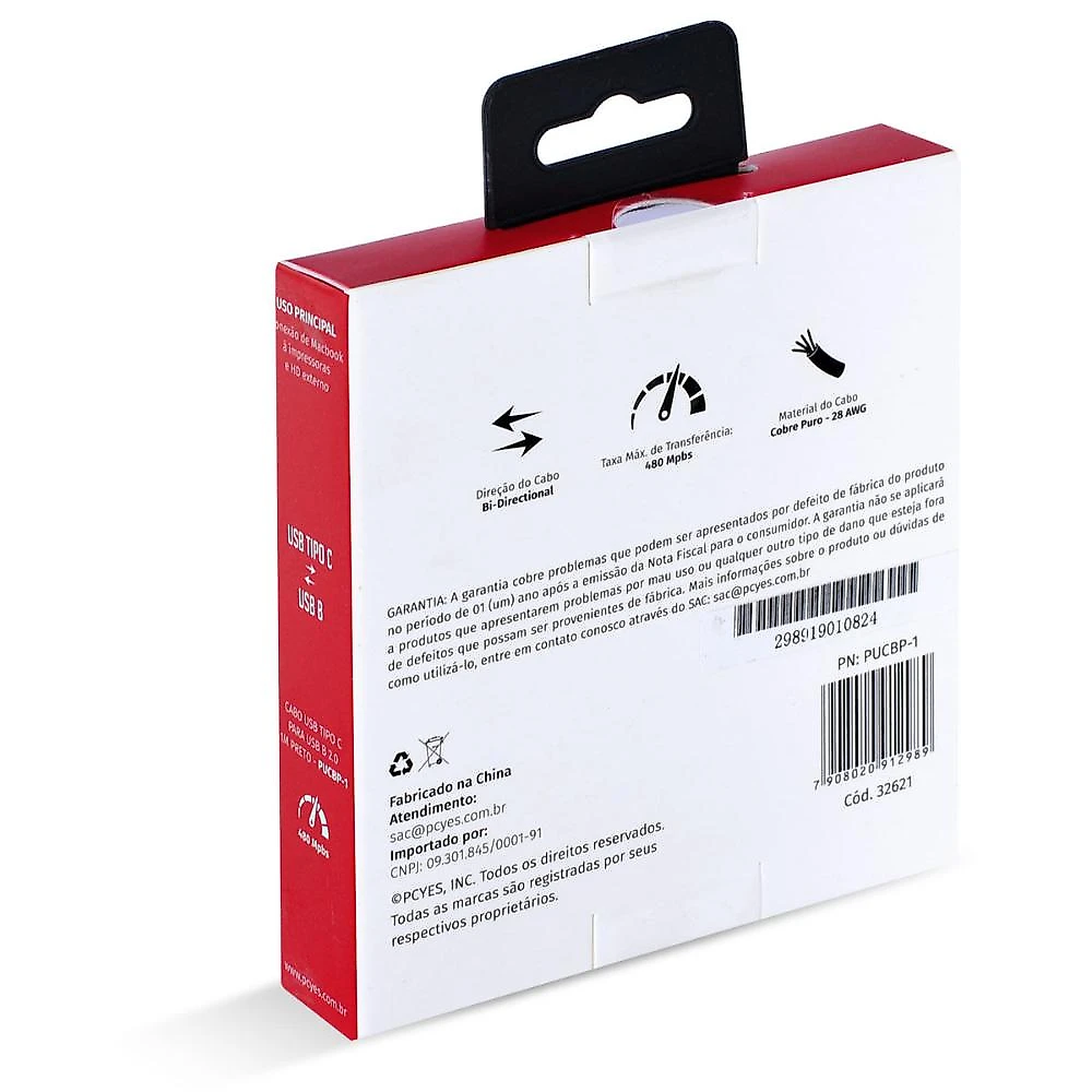 Cabo impressora usb-c para usb-b 2.0 1m preto pcyes