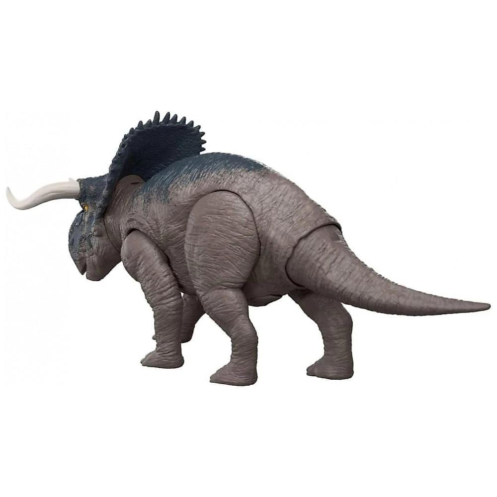 Dinossauro articulado Mattel Jurassic World Rebirth Wild Roar Nasutoceratops com ataque pela cauda, rugido e integração digital via app