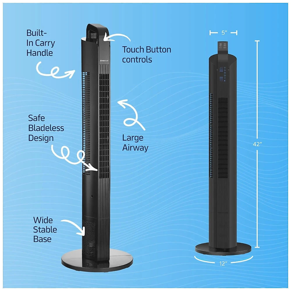 Ventilador de Torre Oscilante , 3 Velocidades, Portátil com Controle Remoto, Silencioso para Quarto com Timer 7.5H, Nexair 110v