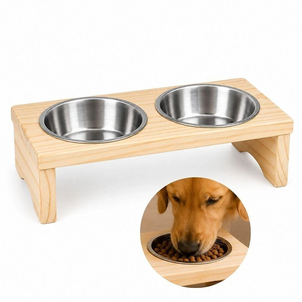 Comedouro e Bebedouro Duplo Tratador Pet com Suporte de Madeira Tratada para Cachorros e Gatos
