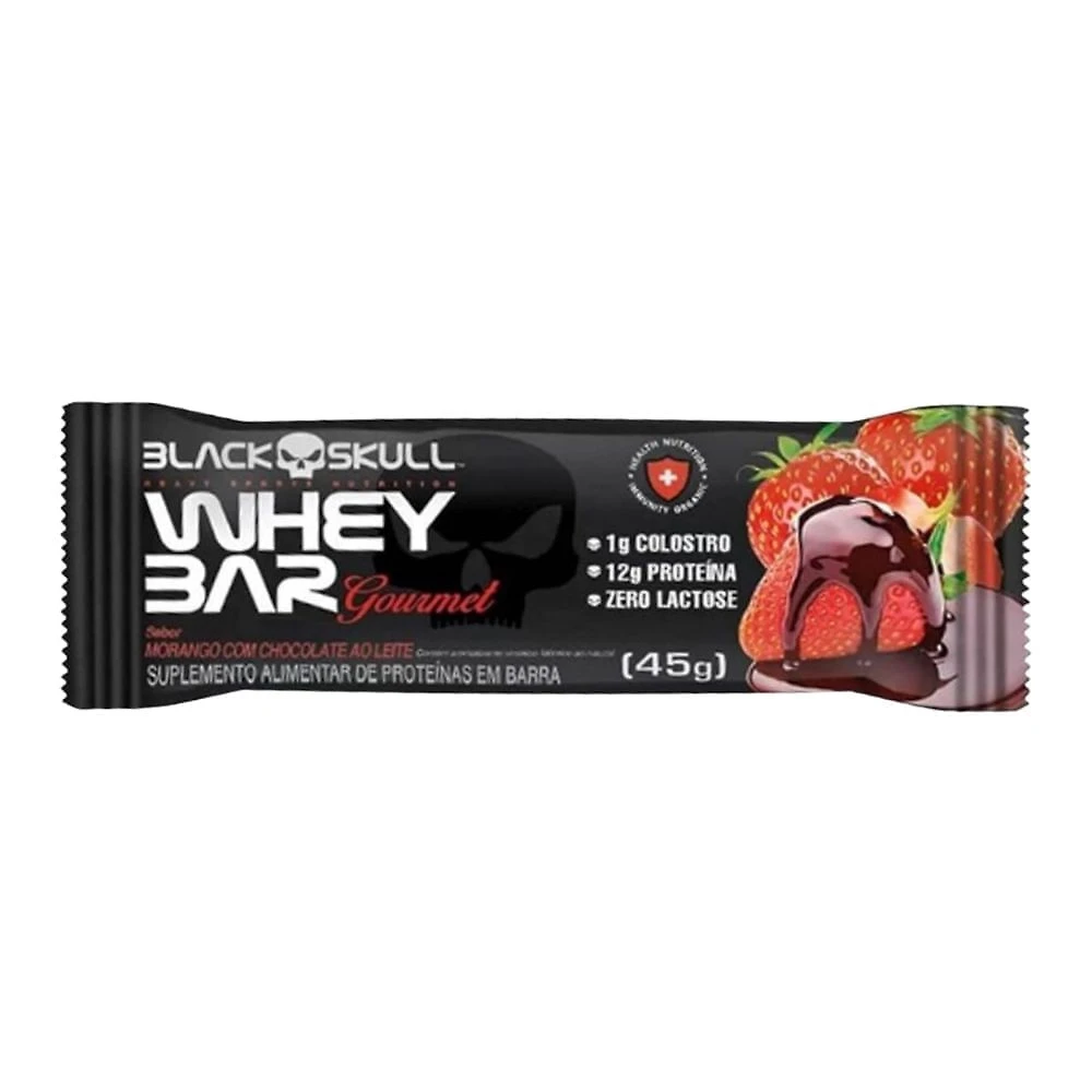 Barra de Proteína Whey Bar Gourmet Black Skull Sabor Morango com Chocolate ao Leite 12g de Proteína 45g