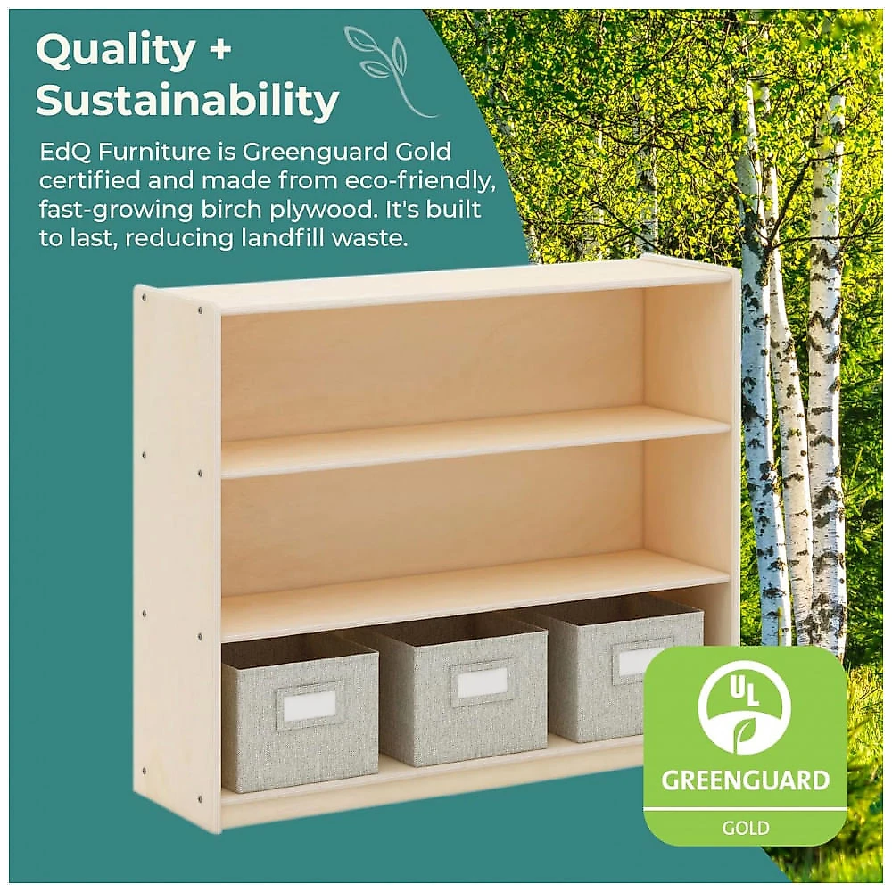 Estante baixa Guidecraft EdQ 3-Shelf Open Storage Natural com 3 prateleiras abertas e 3 caixas de tecido 91cm