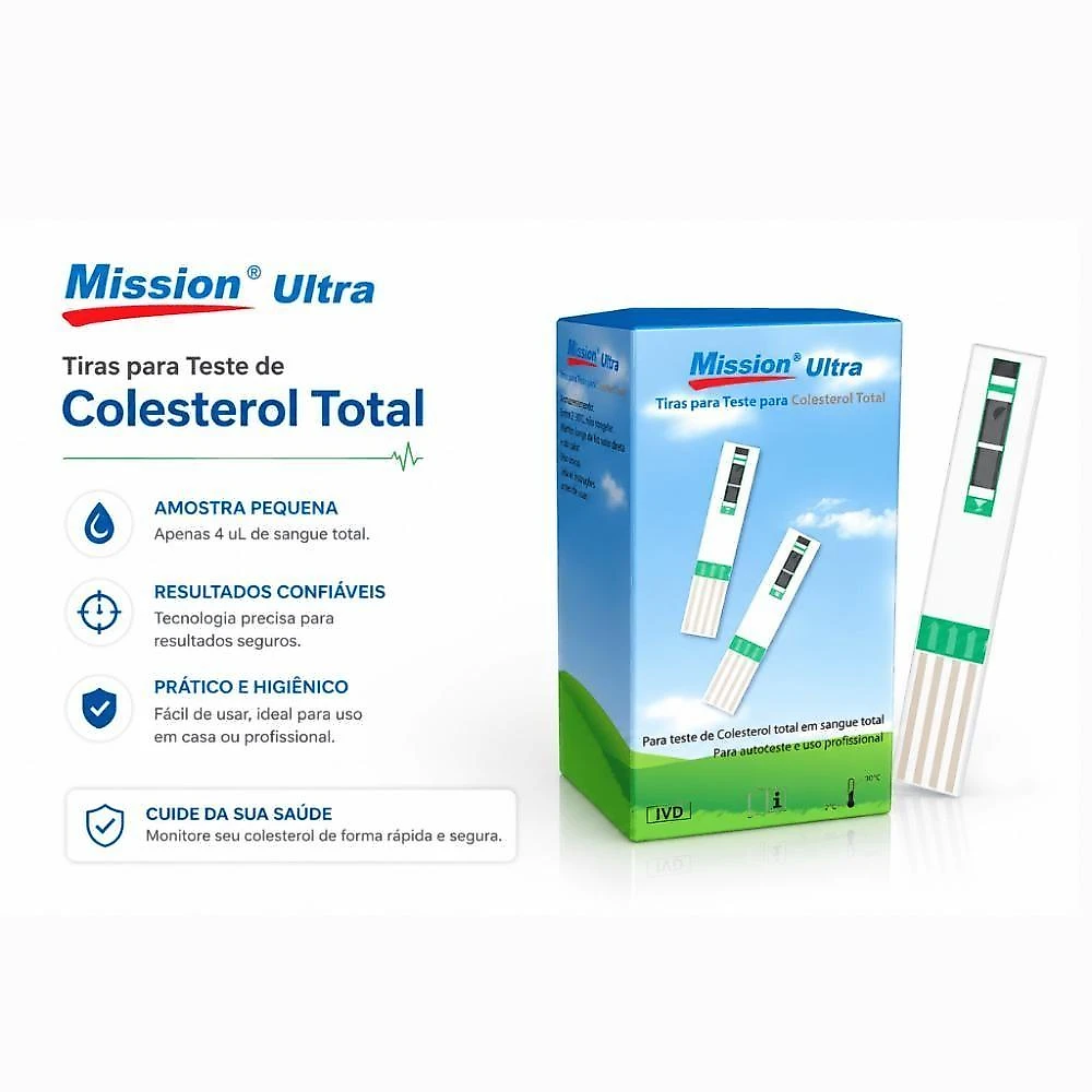 Monitor de Colesterol Mission Ultra CHOL com 10 Tiras e Tecnologia Eletroquímica 200 Resultados 10