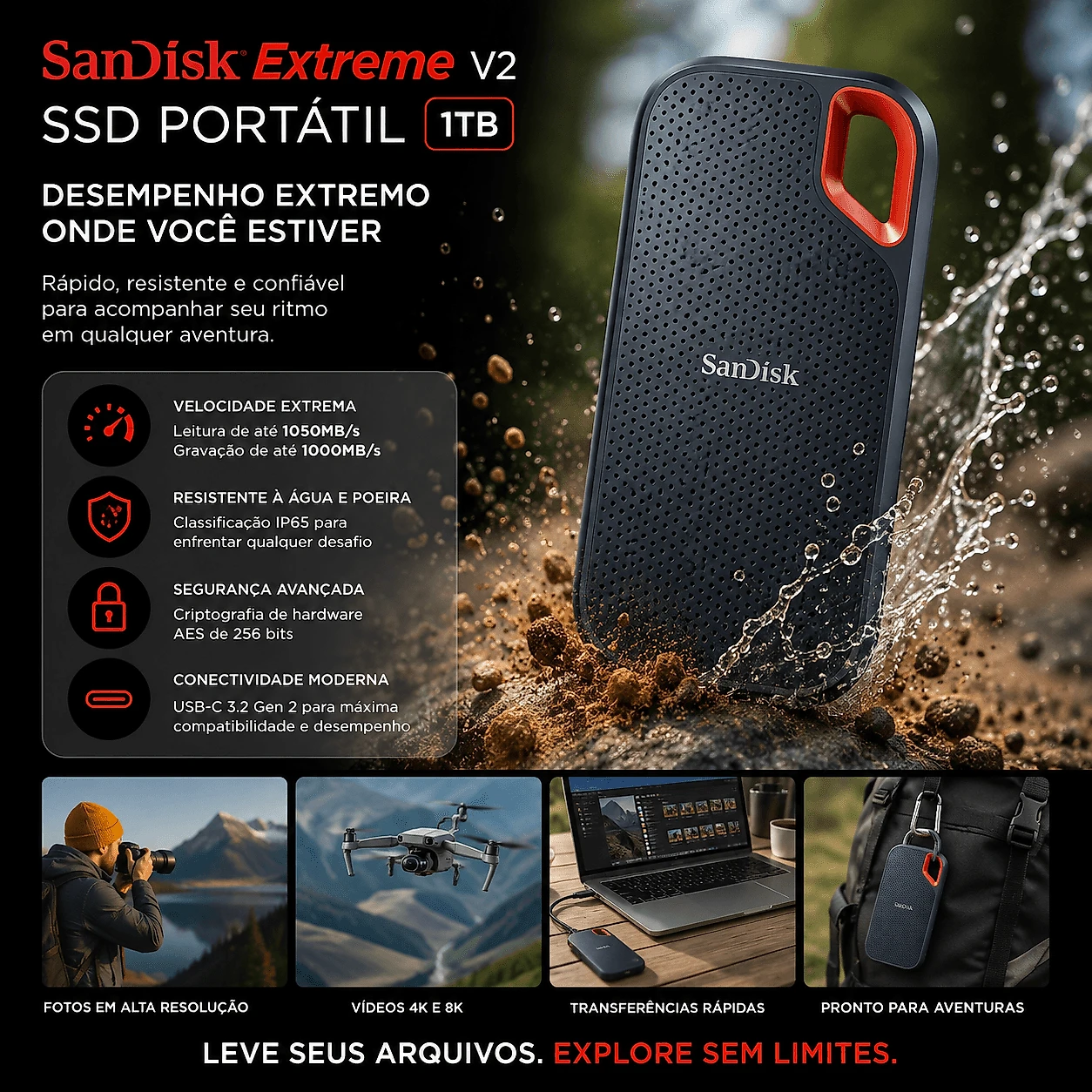 SSD Externo Portátil SanDisk Extreme V2 1TB USB-C 1050MB/s (SDSSDE61-1T00-G30)