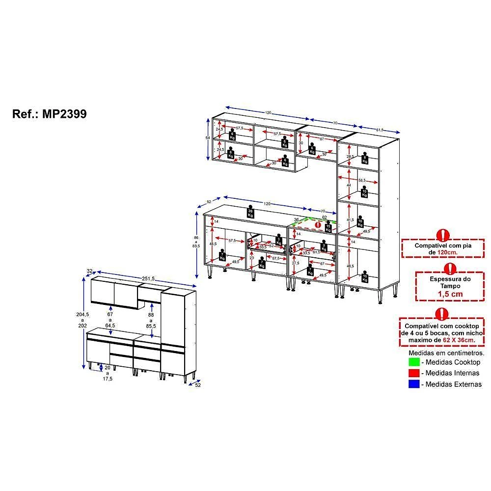 Cozinha Completa Modular Milano MP2399 8 Portas 2 Gavetas 251,5cm Cinza Grafite Multimóveis