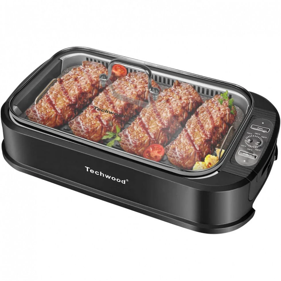 Churrasqueira Grill Elétrica com Tampa de Vidro Temperado e Placa Antiaderente, 110V 1500W, Techwood, Preta