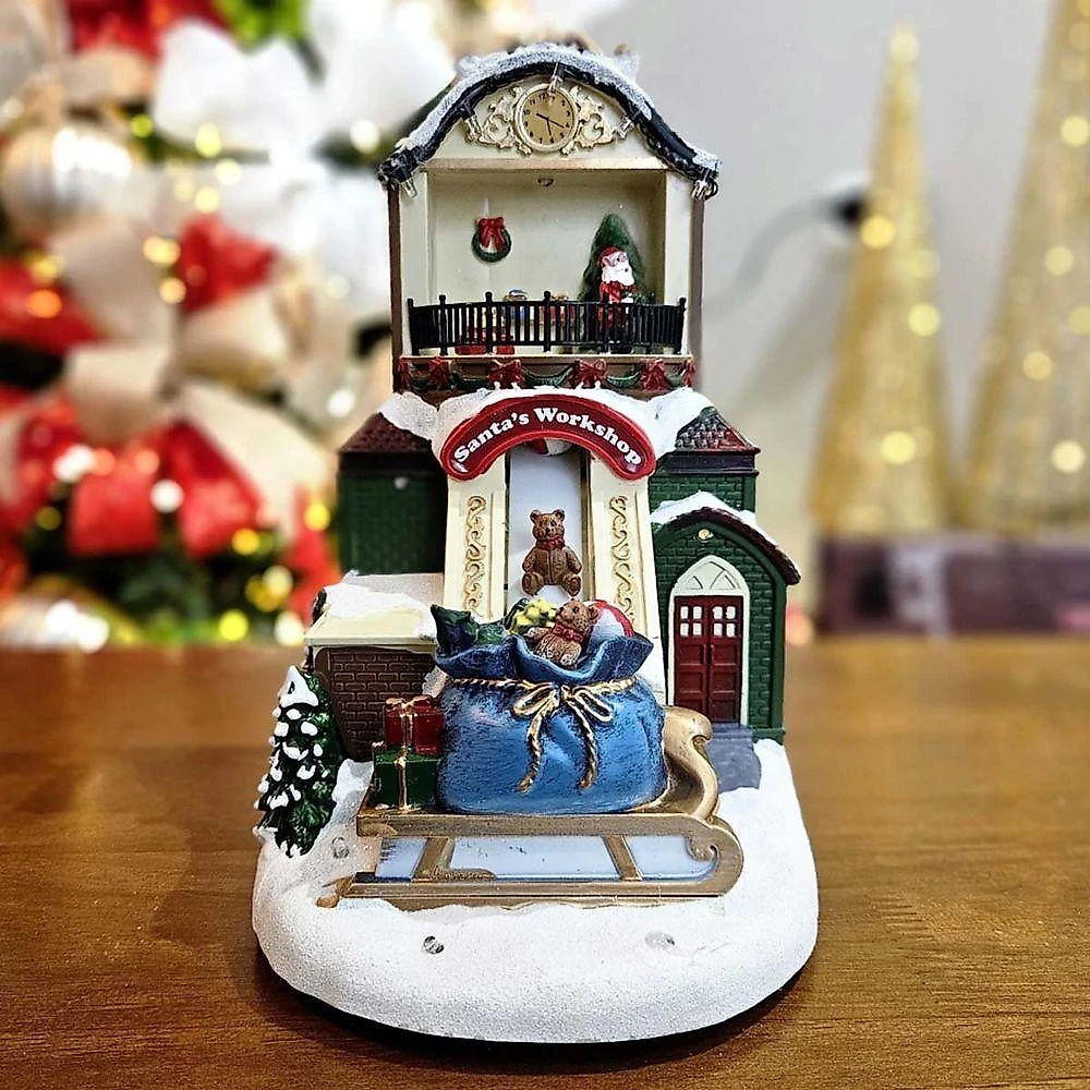 Vila Natalina Cenario Musical Natal Papai Noel Arvore Fabrica De Brinquedo Movimento Saco De Presente Decoraçao Led Som
