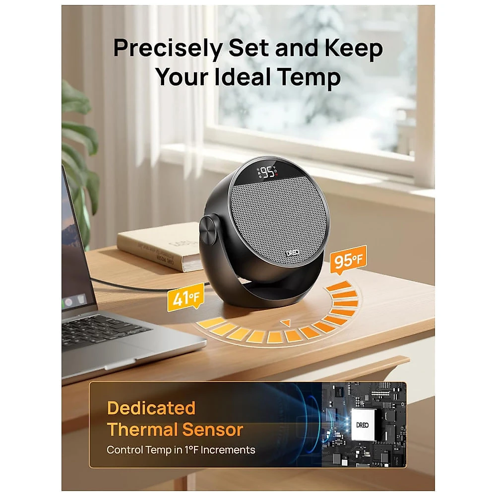 Aquecedor Cerâmico Portátil DREO Preto Inclinação 60° PTC 1500W Silencioso Timer Controle Remoto 120V