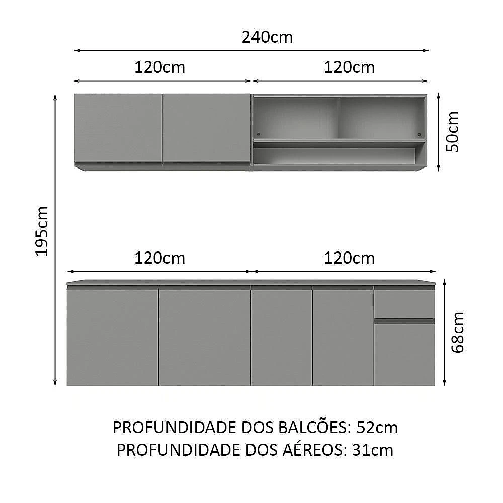Armário De Cozinha Completa Suspenso 240Cm Cinza