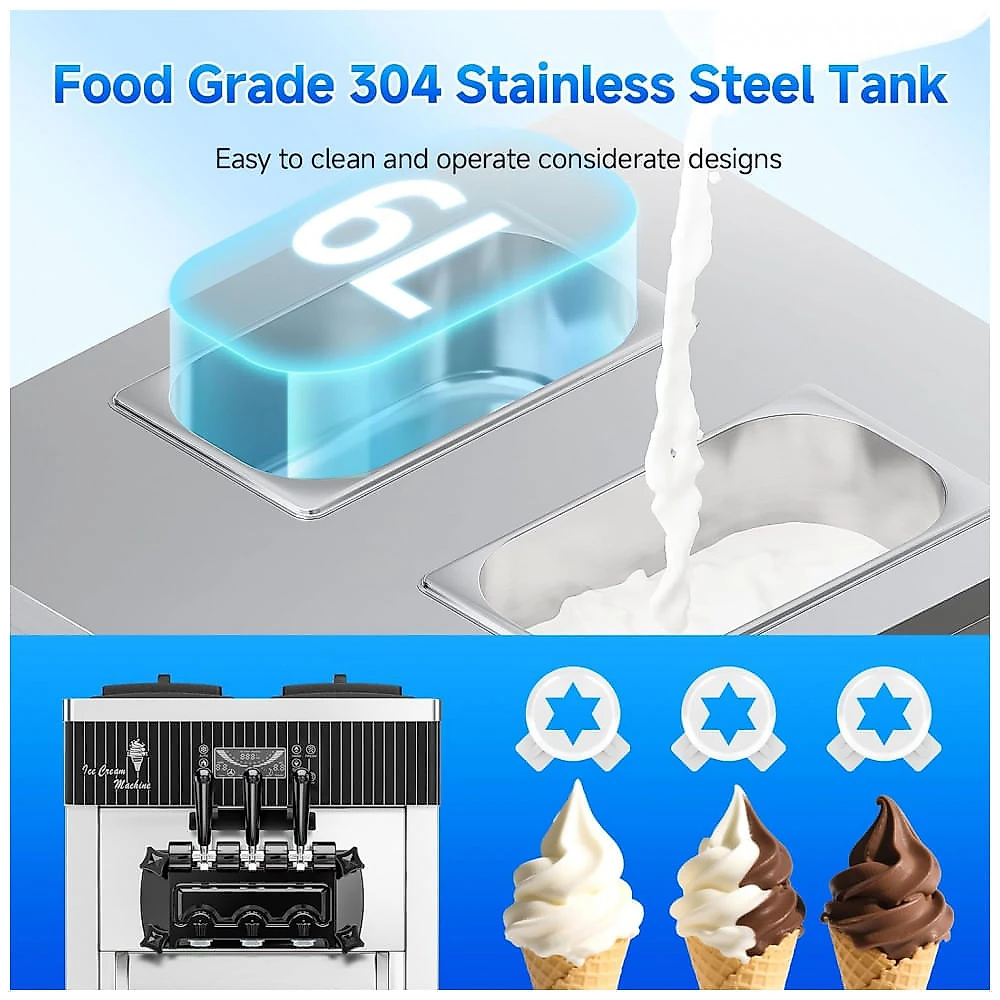 Máquina Comercial de Sorvete Soft Serve EKway Aço Inox 3 Dispensadores LCD Limpeza Automática BQL-8218T, 220V