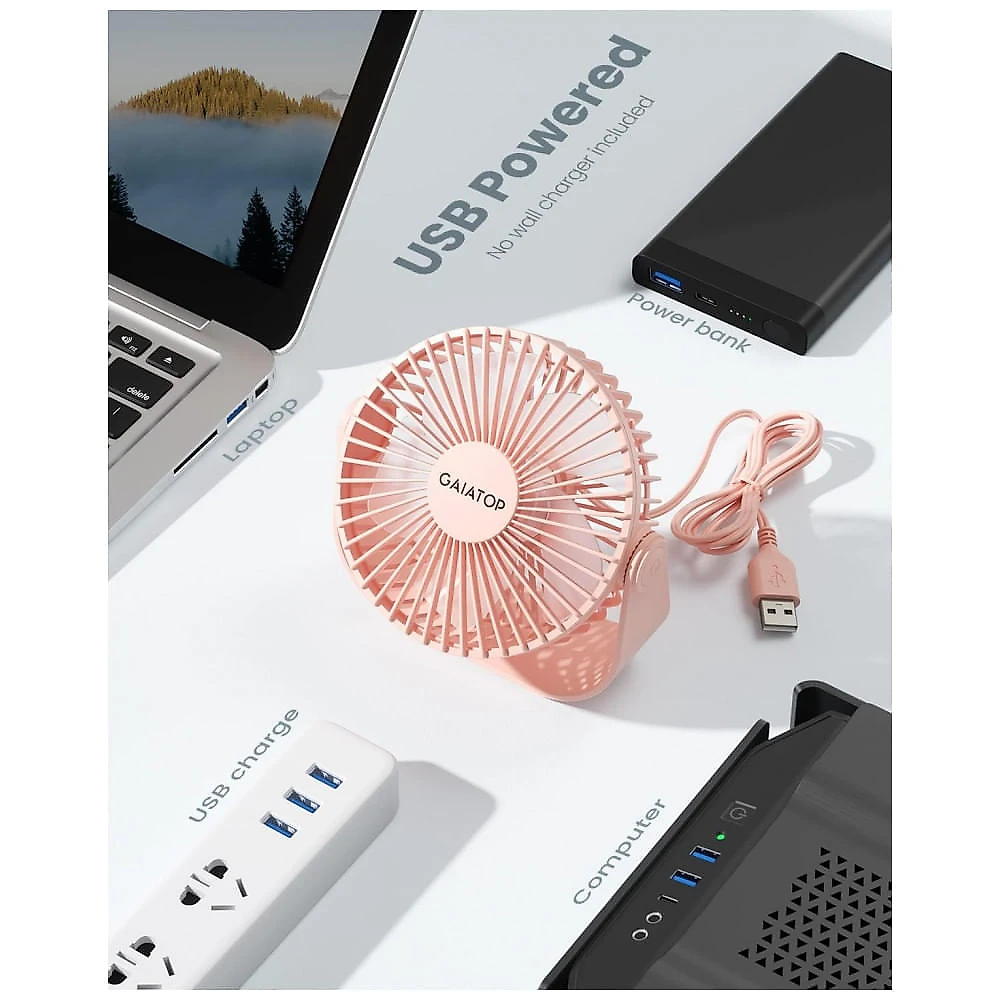 Ventilador de Mesa USB Gaiatop Rosa 14 cm, 3 Velocidades até 4,8 m/s 2500 RPM, Rotação 90°, Silencioso 40 dB, 5 Lâminas, Modelo TF55B, 5V (DC)