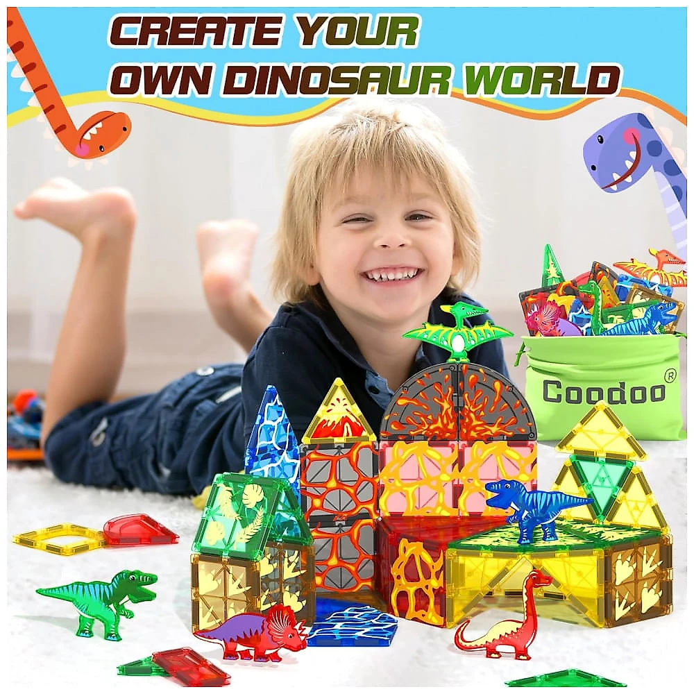 Conjunto de Blocos Magnéticos com Temática de Dinossauros - 102 peças, 8 Dinossauros, Cenários Jurássicos,Coodoo