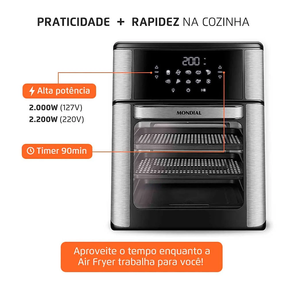 Fritadeira Air Fryer Forno Oven 12L Mondial AFON-12L-BI 2000W Preto com Inox - 127V