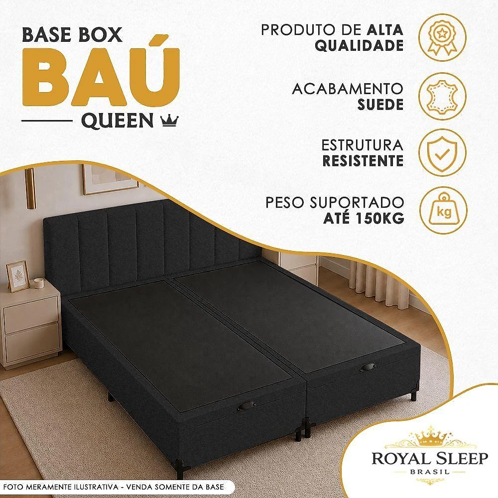 Cama Box Queen Bipartido Suede Preto Royal Sleep webcontinental-7803129156398