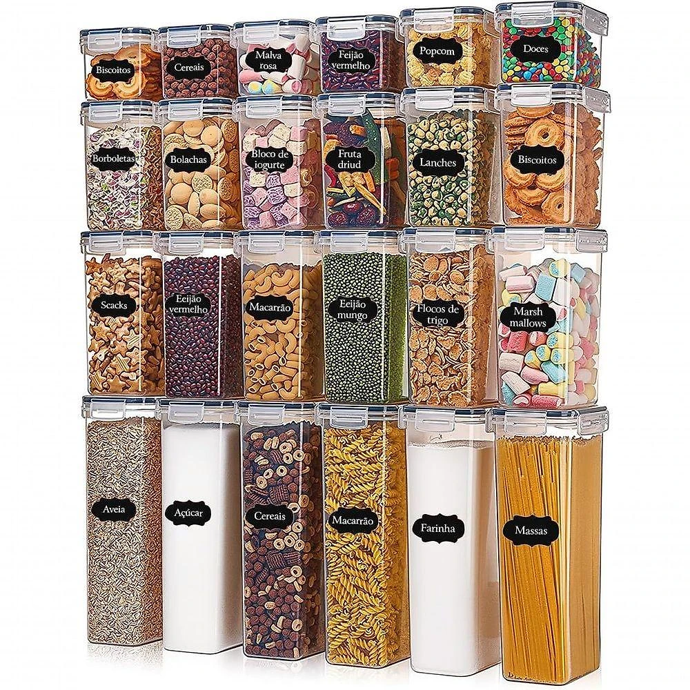 Kit 24 Potes com Tampa Hermética Porta Alimentos Plástico sem BPA para Cozinha Vários