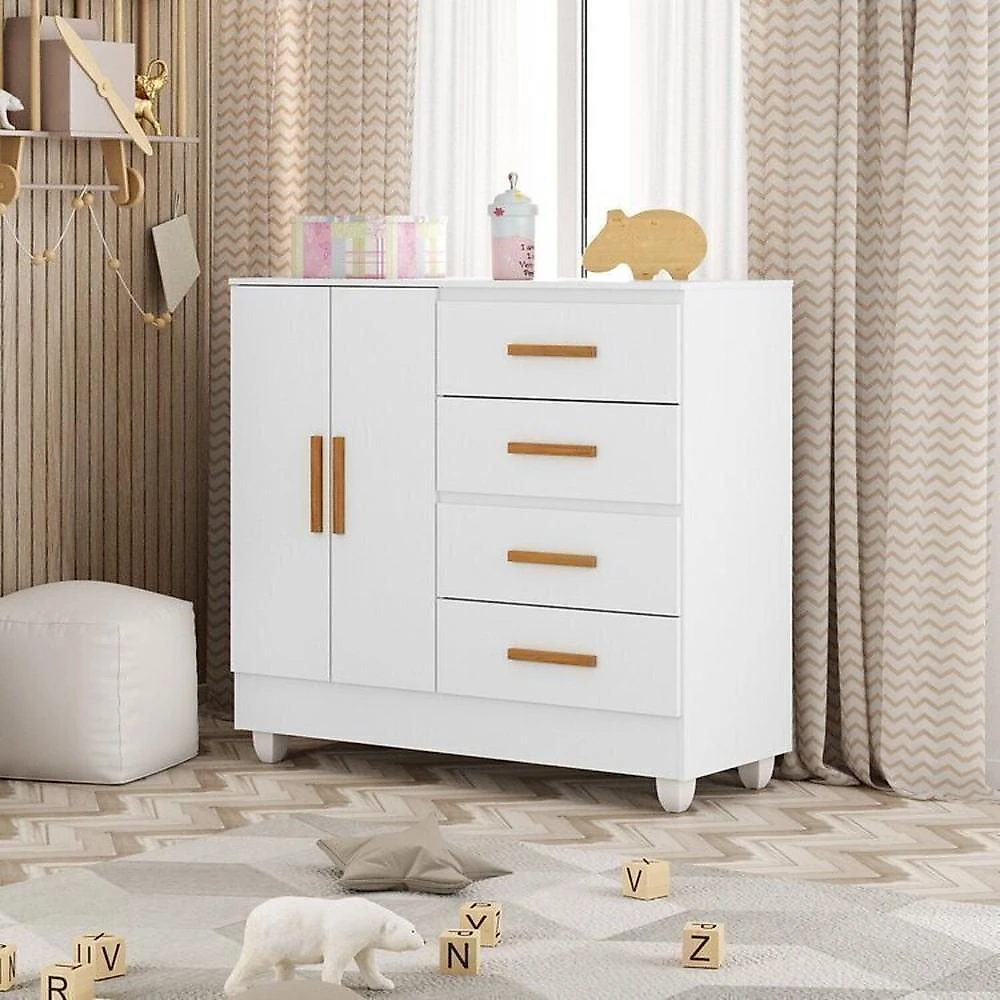 Quarto Bebê Infantil com Guarda-roupa 4 Portas e 2 Gavetas com Cômoda 4 Gavetas e 2 Portas Lite Branco
