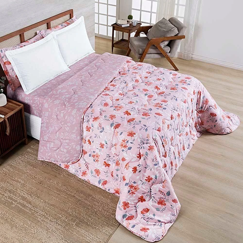 Edredom Benim Queen 01 Peça Micropercal 400 Fios Dupla Face Estampado - Flora Rosa - 100% Poliéster