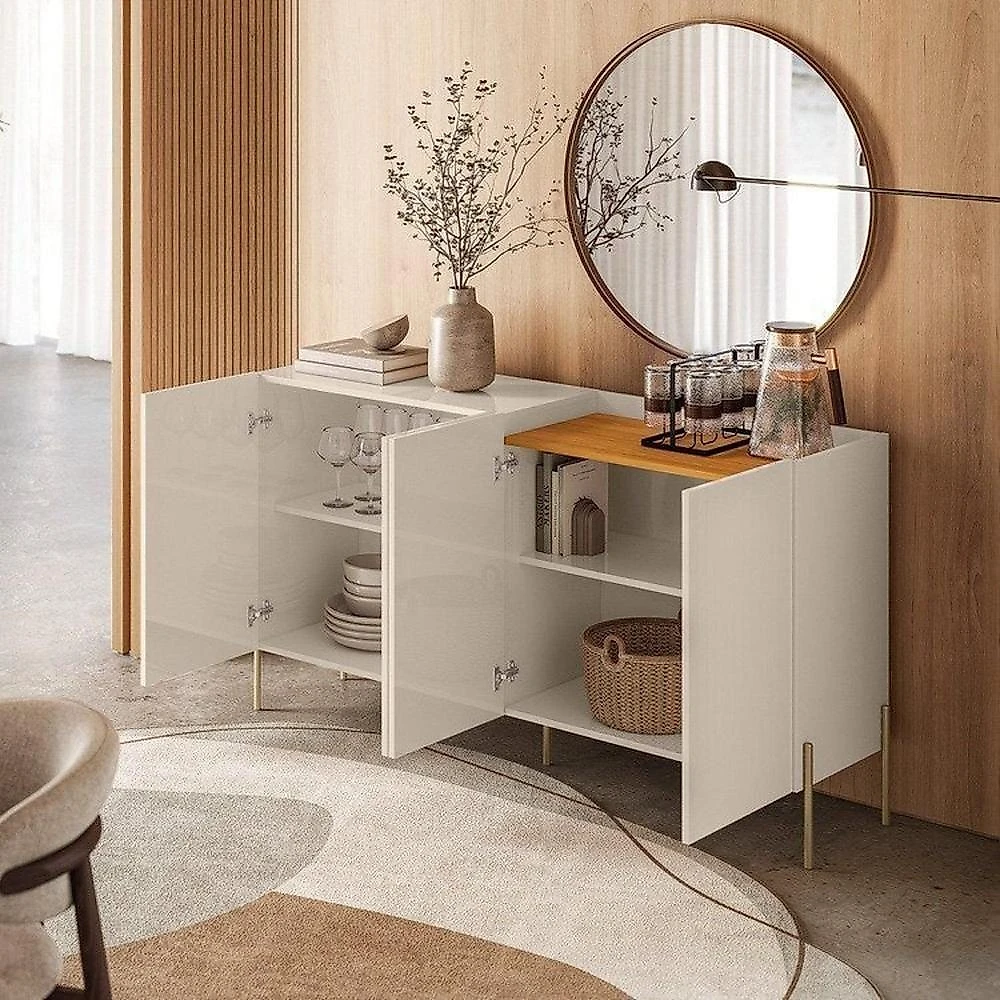 Conjunto Cristaleira Brisa e Buffet Aparador Balcão Cais Bandeja Integrada para Sala de Jantar Cinamomo/Off White