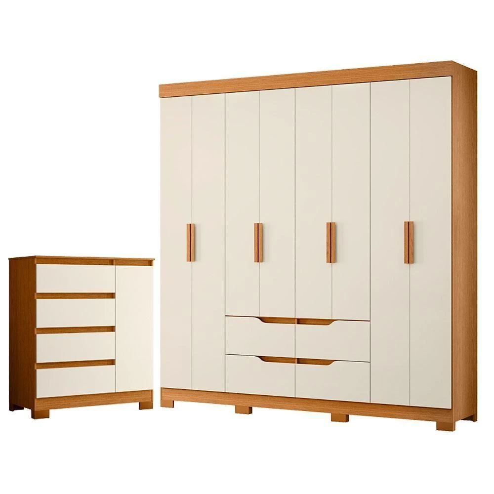 Guarda Roupa Casal Doble 8 Portas de Bater Cômoda Sapateira 4 Gavetas MDP Cinamomo Off White