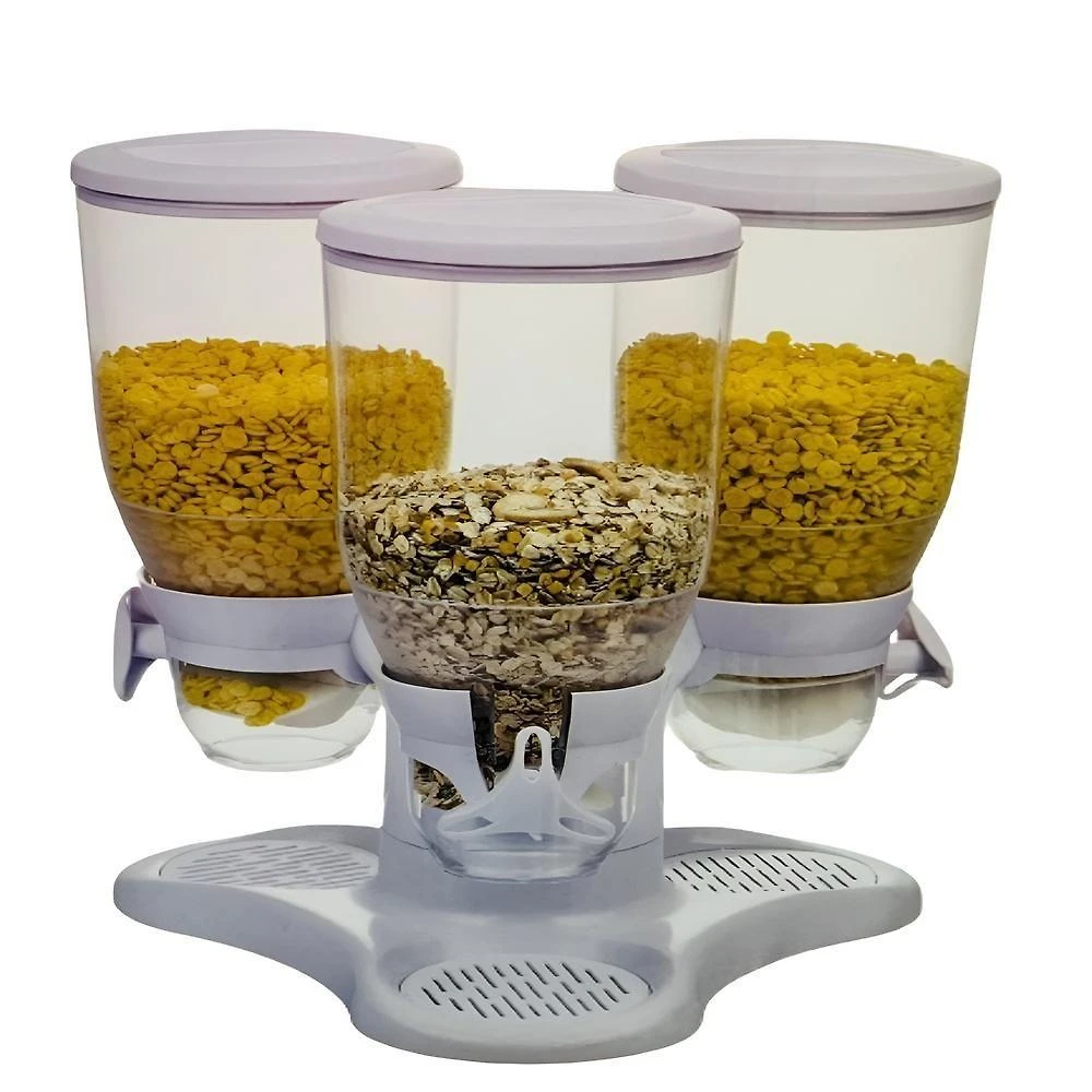 Dispenser Cereais Triplo Giratorio Porta Mantimentos E Alimentos Graos Com 3 Potes Mesa E Bancada