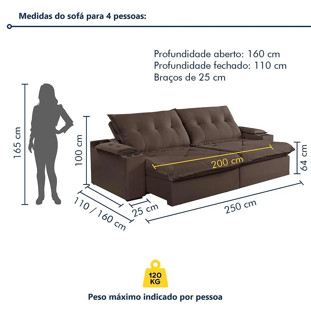 Sofá Retrátil e Reclinável com Entrada USB e Porta Copos 250cm Veneza Yescasa Sofá Retrátil e Reclinável 250cm M163 com Porta Copos Yescasa Veludo/Marrom Escuro