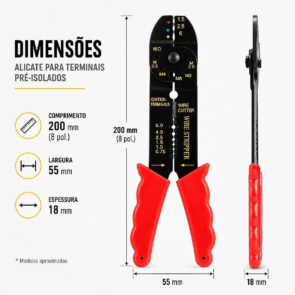 Kit Alicate para Terminais Pré Isolados 5NA Crimpar Cortar Desencapar com 30 Terminais