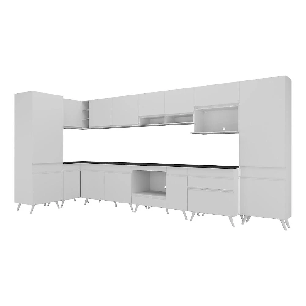Armário de Cozinha Modulada Completa Canto 409cm com Balcão para Cooktop Veneza Multimóveis MP2303 Branco