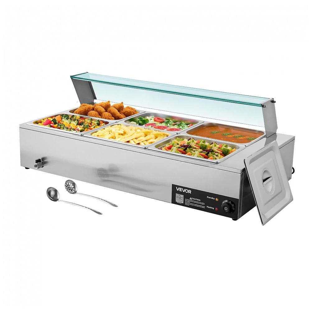 Aquecedor de Alimentos Buffet VEVOR M-2223 Banho-Maria 6 Cubas Aço Inox Tampa de Vidro 1500W 110V